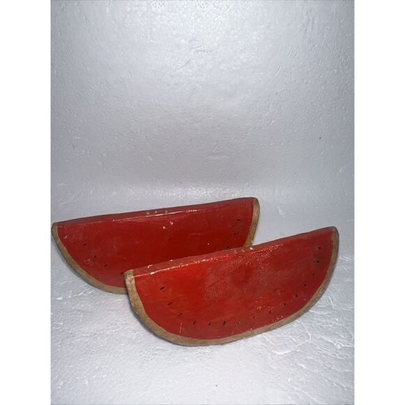 Vintage Watermelon Salt and Pepper Shakers Set Wedges Summer Red Ceramic Plaster - Picture 2 of 8